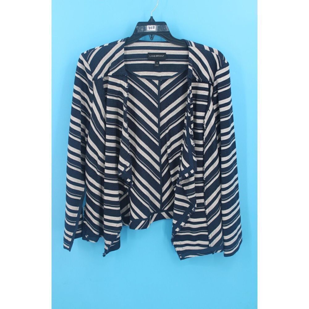 Lane Bryant Plus Sz 22 Navy Ivory Stripe Blazer Open Front Raw Seam